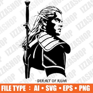 May include: Black and white silhouette of a man with long hair and a sword, with the text "~GERALT OF RIVIA" below.