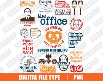 May include: A collection of graphic designs featuring quotes and imagery from the TV show "The Office." Designs include phrases like "That's what she said," "World's Best Boss," and character portraits. The image is labeled "Digital File Type: PNG."