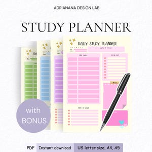 May include: A set of study planners in pastel shades of green, blue, and purple. The planners display the text "STUDY PLANNER" and "DAILY STUDY PLANNER". A black pen is placed on the pink planner. The image also includes the text "with BONUS".