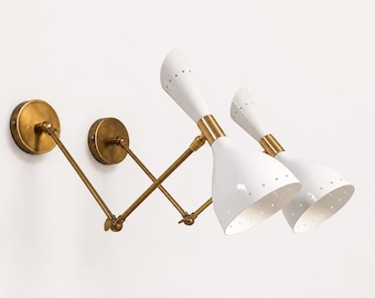 Mid Century Modern Brass Sconce Pair, Italian Adjustable Double Arm Lights, White Cone Shades