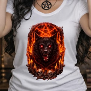 Koszulka z wilkiem z piekielnego ognia - Koszulka z demoniczną głową wilka - Koszulka z gotycką czaszką - Odzież w stylu dark metalowej estetyki - Koszulka alternatywna unisex