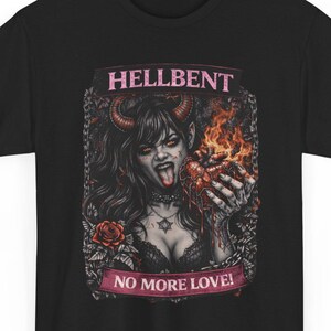 Dark Goth Glam Trash T shirt Hellbent demon girl illustration Tee | No More Love, gothic fire skull design-Gift for alternative Girl
