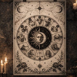 Può includere: Un poster in stile vintage con una ruota zodiacale con illustrazioni dettagliate di simboli astrologici. Il design centrale include un volto di sole e luna. Il poster è in tonalità seppia, con elementi floreali e celesti decorativi.