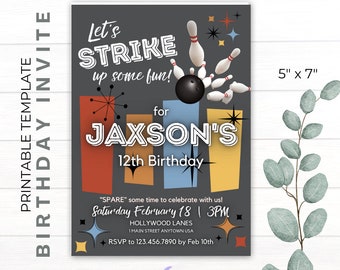 DIY Printable Birthday Invite | CANVA Template | Bowling | Retro | Strike