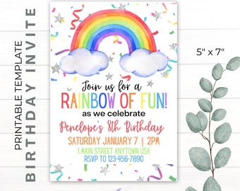 DIY Printable Birthday Invite | CANVA Template | Rainbow | Clouds | Stars | Streamers