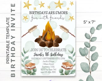 DIY Printable Birthday Invite | CANVA Template | S'mores | Campfire | Nature | Stars