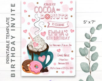 DIY Printable Birthday Invite | CANVA Template | Cocoa & Donuts | Pink | Girly | Hearts