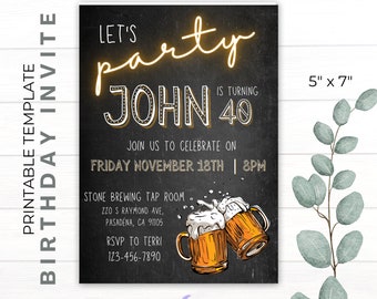 DIY Printable Birthday Invite | CANVA Template | Let's Party | Beer | Brewery | Pub Party
