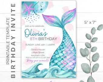 DIY Printable Birthday Invite | CANVA Template | Mermaids | Starfish | Beach | Girly