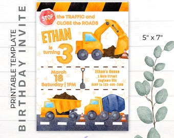 DIY Printable Birthday Invite | CANVA Template | Construction Trucks | Dirt Digger | Boys