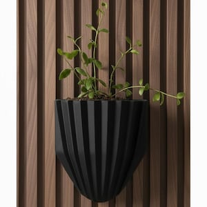 Puede incluir: Una maceta negra montada en la pared con un diseño plisado, que contiene una planta de hojas verdes. La maceta se encuentra sobre un fondo de paneles de madera verticales, creando una estética moderna y minimalista. La planta añade un toque de naturaleza.