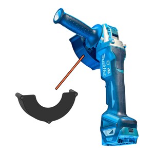 May include: A cordless Makita angle grinder in blue and black. The tool has a blue handle and a black guard. The Makita logo is visible on the side. An orange rod is also visible.