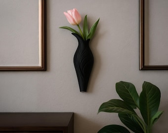 Black Leaf‑Textured 3D‑Printed Wall Vase Planter – Eco‑Friendly PLA | Modern Wall Decor
