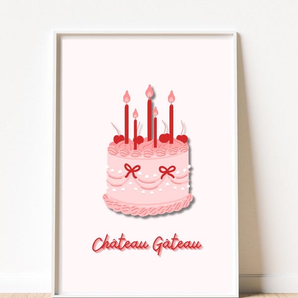 Arte de parede para bolo de aniversário rosa – Impressão Chateau Gateau – Pôster fofo de confeitaria francesa para decoração de cozinha ou café, sem moldura A4 a A1
