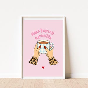 Lámina con la frase "Hazte una prioridad": Café, Arte de pared rosa para cocina, Póster con cita sobre el autocuidado