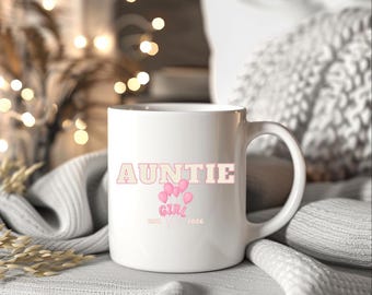 Girl Auntie Est. 2026 White Mug with Pink Balloons | Cute Aunt Gift Coffee Cup | New Auntie Announcement Mug | Ceramic Tea Mug, Girl Aunt Gi