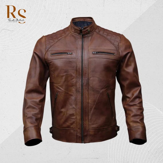 Handmade Black Brown Cafe Racer Sheepskin Leather Biker Jacket - Main Image