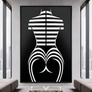 May include: A framed wall art print featuring a high-contrast black and white graphic illustration. The design displays a stylized human torso silhouette composed of horizontal white lines on a solid black background, creating a geometric effect.