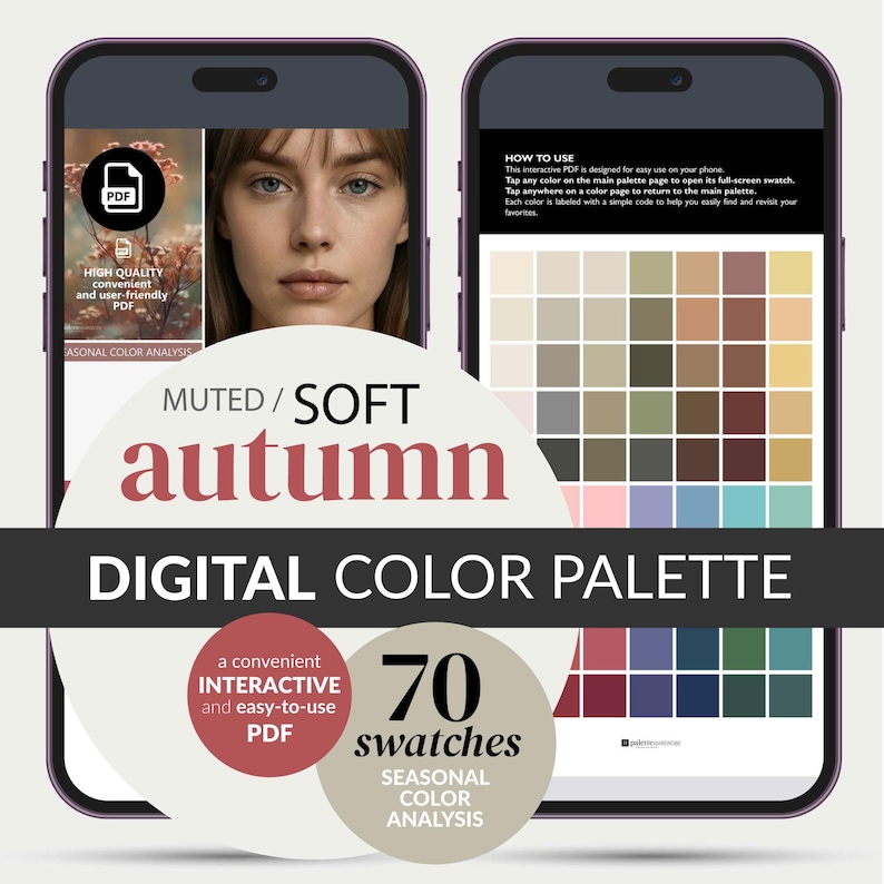 Soft Autumn color palette PDF for shopping and wardrobe planning. Digital seasonal color analysis chart with 70 muted, warm swatches designed for Soft Autumn / Soft Fall coloring. Phone-friendly instant download.