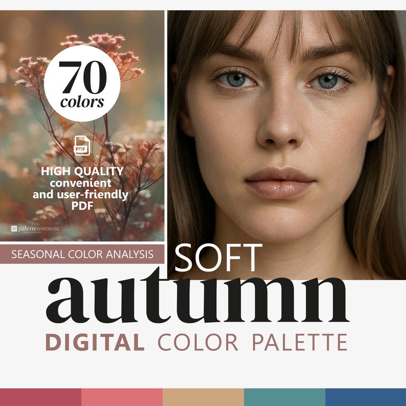Soft Autumn printable color chart for seasonal color analysis. Interactive PDF color swatch palette designed for phone use. Features 70 carefully selected colors to help find the most flattering Soft Autumn / Soft Fall clothing shades.
