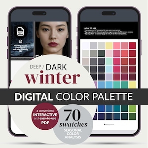 Paleta de cores Dark Winter – Amostras digitais para celular • 70 cores (Deep Winter, download instantâneo)