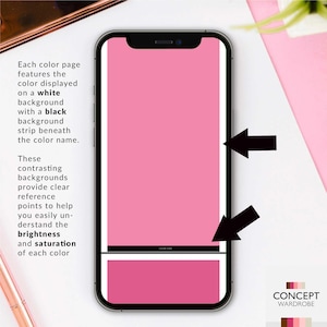 Smartphone displaying a Soft Autumn / Muted Autumn color swatch on screen. The color is shown on a white background with a black reference strip below, demonstrating how contrasting backgrounds help assess brightness and saturation when using a digital color palette for shopping.