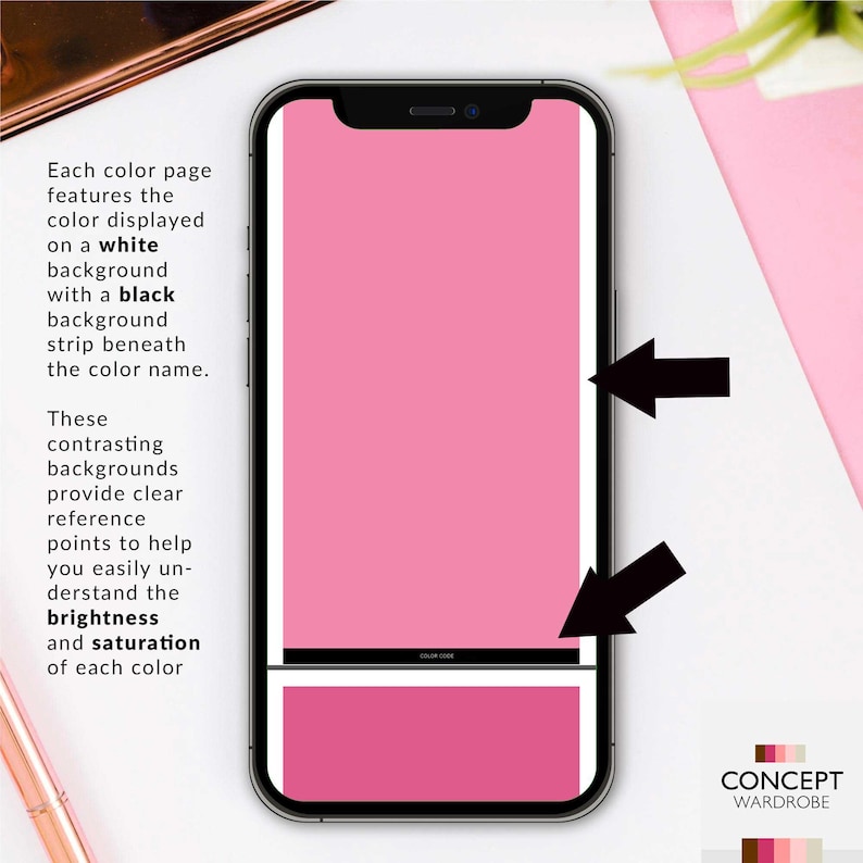 Smartphone displaying a Soft Autumn / Muted Autumn color swatch on screen. The color is shown on a white background with a black reference strip below, demonstrating how contrasting backgrounds help assess brightness and saturation when using a digital color palette for shopping.