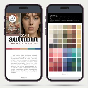 Soft Autumn printable color chart for seasonal color analysis. Interactive PDF color palette designed for phone use while shopping, featuring 70 neutral and accent colors for Soft Autumn wardrobes.