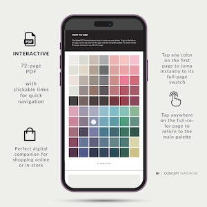 Soft Autumn printable color chart for seasonal color analysis. Interactive PDF swatch palette designed for phone use while shopping. Includes 70 neutral and accent colors that complement Soft Autumn / Soft Fall coloring. Instant digital download for easy mobile reference.