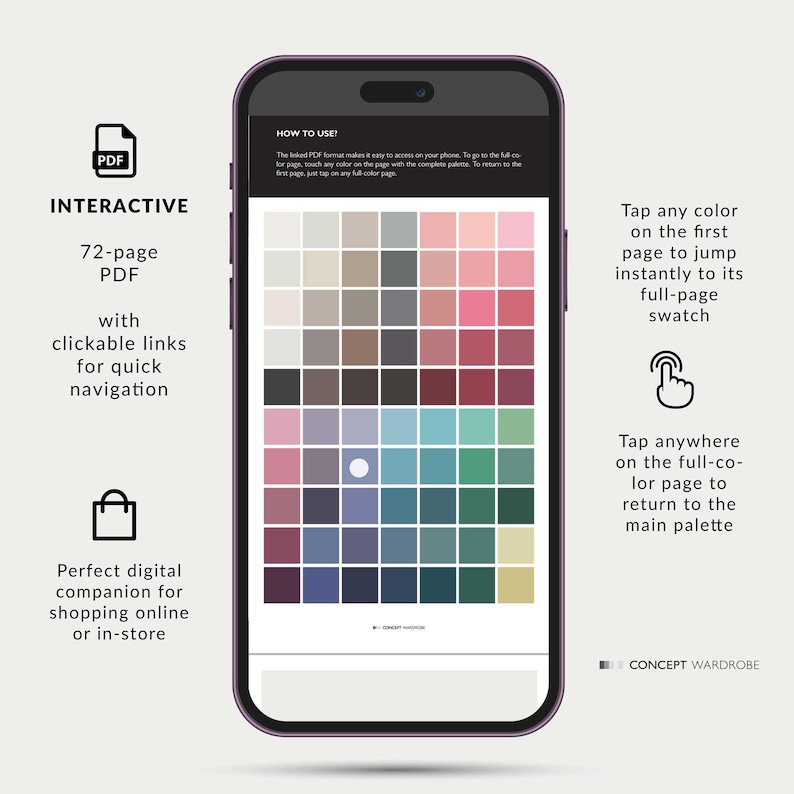Soft Autumn printable color chart for seasonal color analysis. Interactive PDF swatch palette designed for phone use while shopping. Includes 70 neutral and accent colors that complement Soft Autumn / Soft Fall coloring. Instant digital download for easy mobile reference.