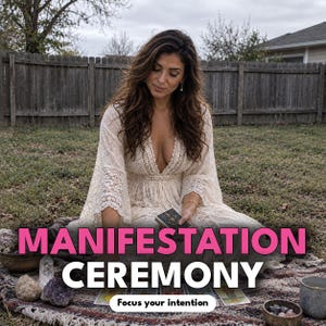 May include: A cream-coloured lace dress with long bell sleeves and a deep V-neckline. The image features the text "MANIFESTATION CEREMONY" in large pink and white letters, along with the smaller text "Focus your intention" below it.