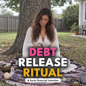 May include: A person with long brown hair wearing a white lace top, sitting on a patterned blanket with crystals, a bowl, and tarot cards. The text reads DEBT RELEASE RITUAL and A fresh financial intention in bold pink, white, and yellow lettering.