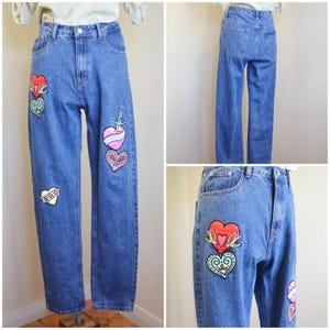 90's Pop Art Heart Patches High Waist Jeans by Glamorous - Unisex 32" Waist Med