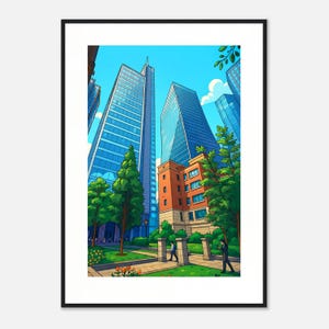 May include: An illustration of a city scene with tall, modern skyscrapers. The buildings are primarily blue and glass, with a red brick building in the center. Green trees and a blue sky with clouds complete the urban landscape. Two people are walking on a sidewalk.