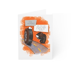 Cartão de felicitações engraçado, cartão de piada engraçada, rodas, pneus, cartão de estrada