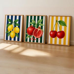 Lemon Cherry Pomegranate Prints: Modern Fruit Kitchen Art (Digital Download Set of 3)