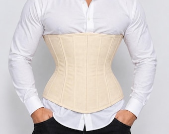 Corset masculino de algodão, resistente, feito à mão, com frente plana e dupla estrutura de aço para modelagem abaixo do busto.