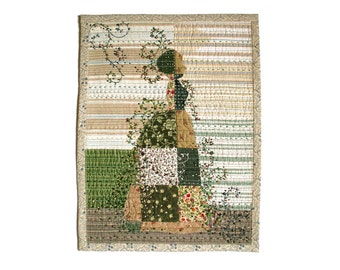 Lady in the garden textile art in Spring colors