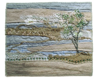 Lonely tree in early spring, landscape, original textile art