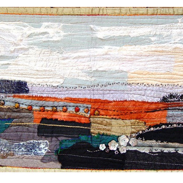 LANDSCAPE IN AUTUMN, Art Quilt, wall art, grey orange black, decorative buttons, textile art, abstract art