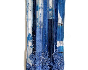 Blue Waterfall textile art, wall hanging, 13.5 x 37 in