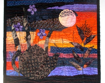 Teatime in the night art quilt, wall hanging