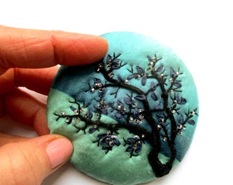 Blue Tree - unique embroidered brooch