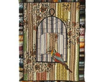 Colorful bird, textile wall art,  12 x 16 in