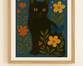 Konsttryck med svart katt från himmelsk tid • Väggkonst med måne och blommor • Utskrivbar dekoration från Cottagecore • Digital nedladdning