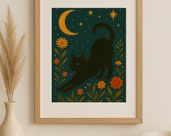 Celestial Black Cat Art Print | Stretching Cat, Moon, Flowers (Digital Download)