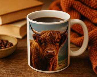Ceramic Highland Cow Mug: Rustic Farmhouse Coffee Cup for Animal Lovers