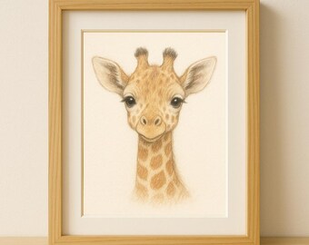 Giraffe Nursery Wall Art Print, Neutral Safari Animals Digital Download, Baby Room Decor