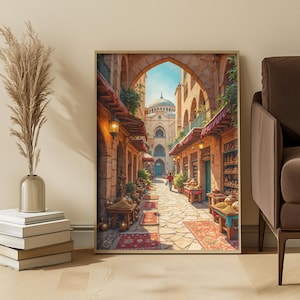 Islamic Bazaar Watercolor Print: Middle Eastern Market Wall Art
