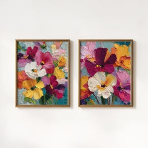 Abstraktes Blumenölgemälde von 2, gerahmtes modernes Wandkunst-Paar, kräftige Farbe zeitgenössisches Dekor, Kunstgeschenk